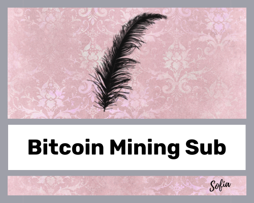 Image text says Bitcoin Mining Sub. With erotic black feather a pink background. From Mistress Sofia Locktight at FemaleSlavery.com